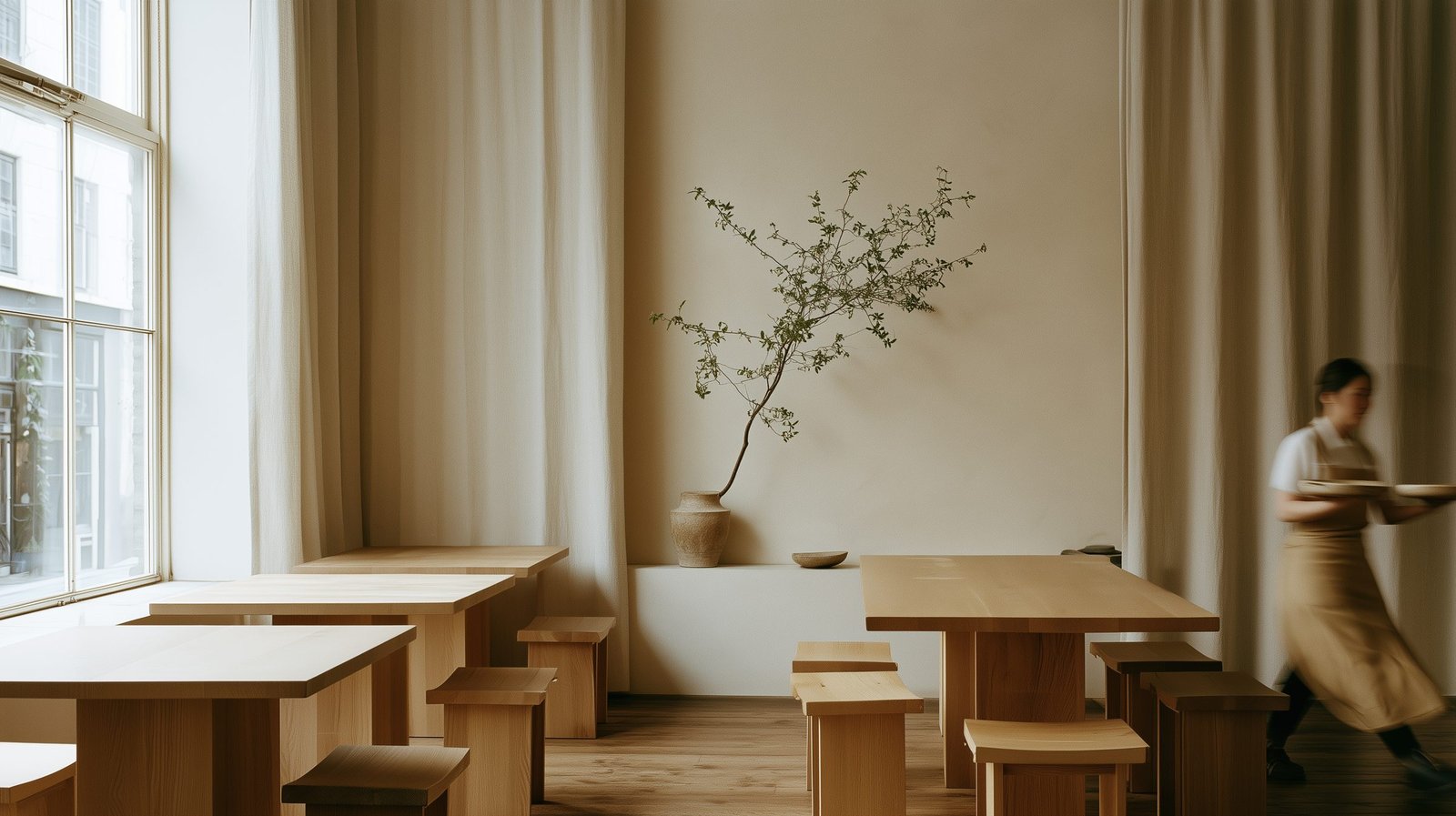 A sunlit dining room with oak tables and linen curtains, a waiter passing through