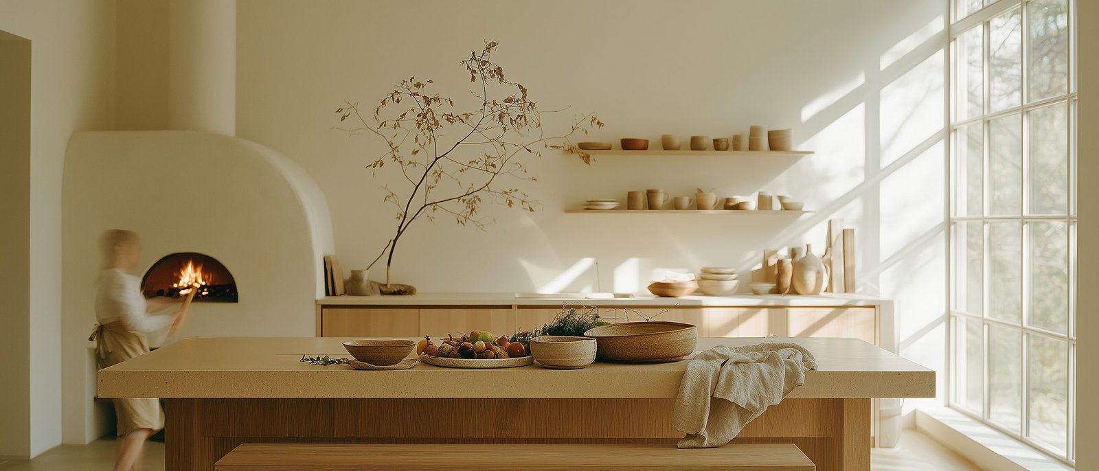 A bright kitchen with a white plaster wood-fired oven and a cook at the fire